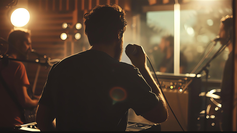 musician stands with his back camera singing into microphone