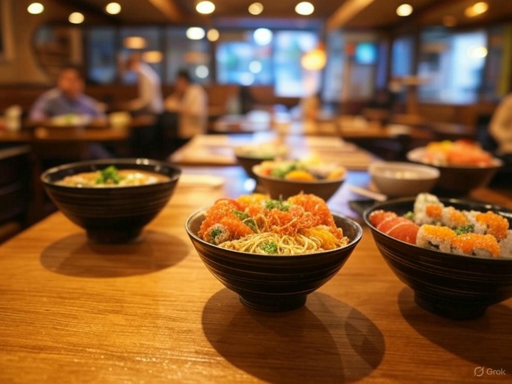 A cozy dining table at one of the best Asian restaurants in Markham, Ontario, featuring bowls of ramen and fresh sushi