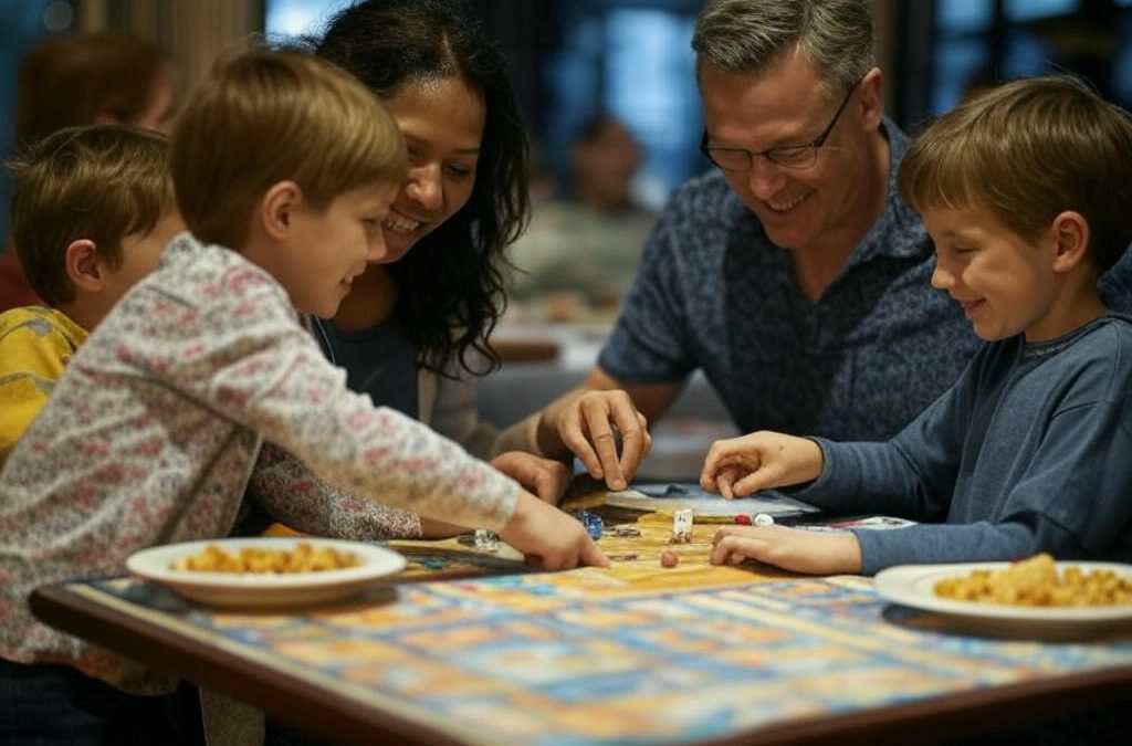 A family enjoys a meal at a Richmond Hill restaurant while playing a board game, making dining out fun for kids