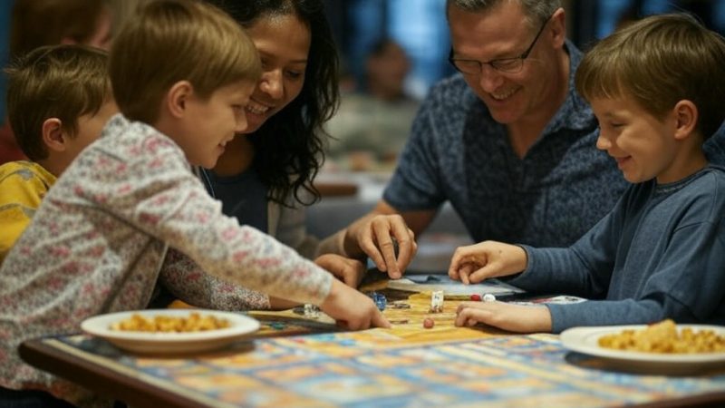 A family enjoys a meal at a Richmond Hill restaurant while playing a board game, making dining out fun for kids