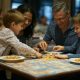 A family enjoys a meal at a Richmond Hill restaurant while playing a board game, making dining out fun for kids