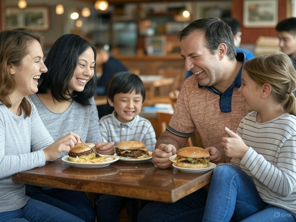 A family laughs and eats together at a vibrant, family-friendly Richmond Hill restaurant with plates of burgers and fries on the table