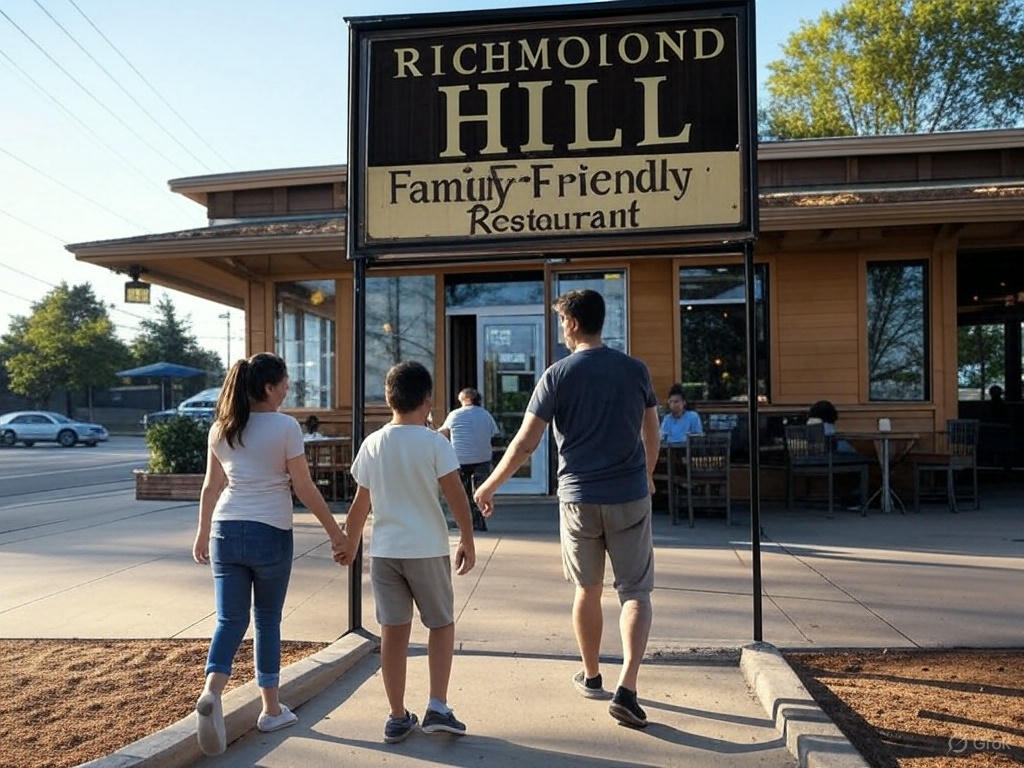 Families walk into a charming Richmond Hill restaurant, showcasing its family-friendly appeal on a sunny day